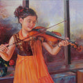 Figurative oil painting titled 'Girl Learning Violin', 40x30 inches, by artist Mahesh RC on Canvas
