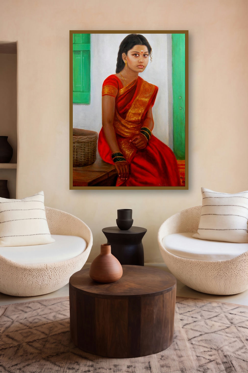 Girl On Rustic Bench (Protector of the People) by artist Vishalandra Dakur displayed in a Museum Style gallery