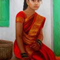 Figurative oil painting titled 'Girl On Rustic Bench', 32x23 inches, by artist Vishalandra Dakur on Canvas