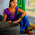 Figurative oil painting titled 'Girl Selling Fruits', 32x23 inches, by artist Vishalandra Dakur on Canvas