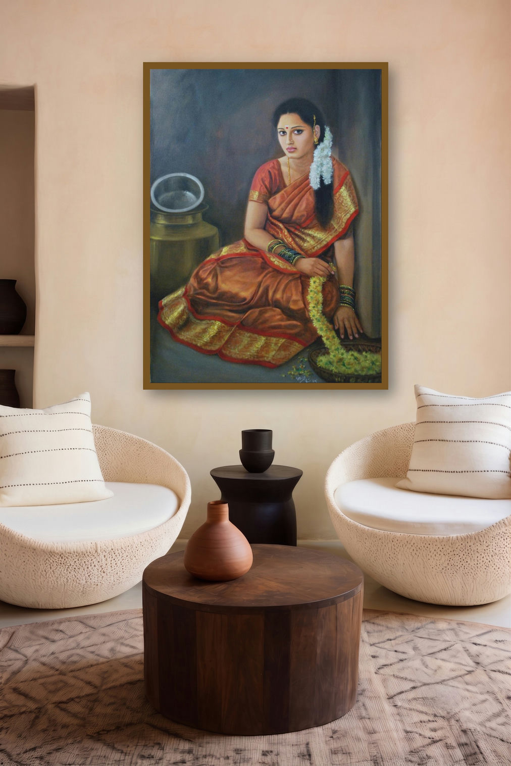 Girl Sitting (Melody of the Banyan) by artist Vishalandra Dakur displayed in a Luxury gallery