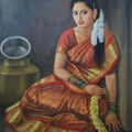 Figurative oil painting titled 'Girl Sitting', 48x32 inches, by artist Vishalandra Dakur on Canvas