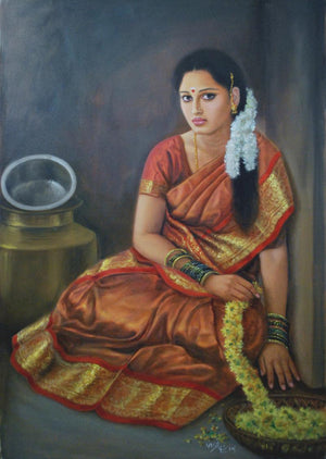 Girl Sitting (Melody of the Banyan) by Vishalandra Dakur, Original Oil Figurative Painting on Canvas, Large Vertical Wall Art