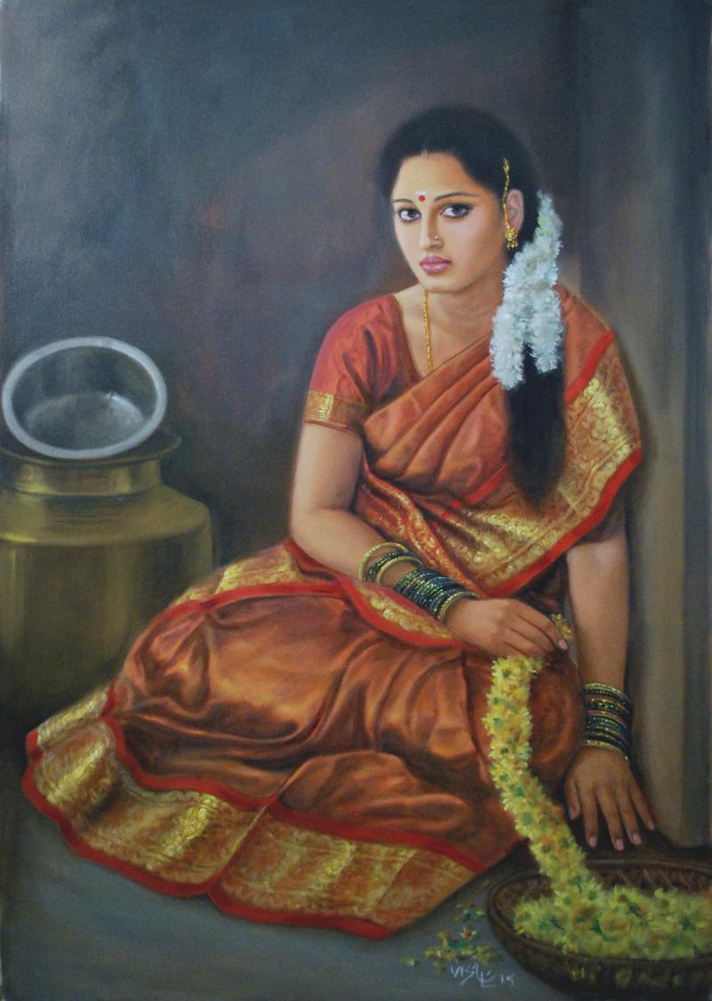 Figurative oil painting titled 'Girl Sitting', 48x32 inches, by artist Vishalandra Dakur on Canvas