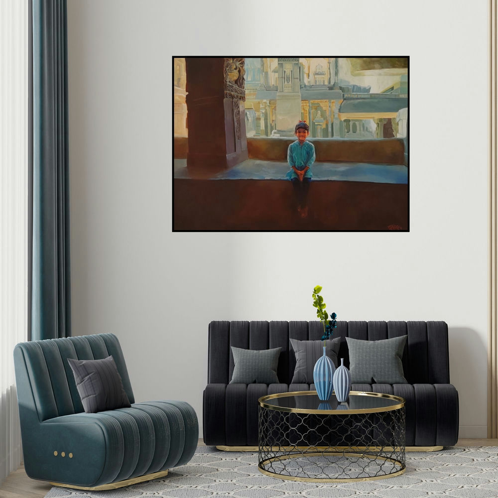 Sheetal Bawkar's 'Girl Sitting In The Kailas Temple' painting visualized above a sofa in a contemporary room.