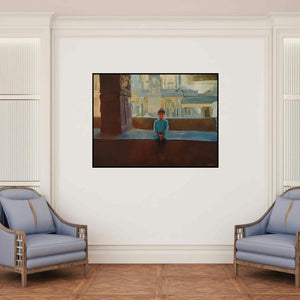 'Girl Sitting In The Kailas Temple' painting by Sheetal Bawkar shown on a wall in a furnished room.