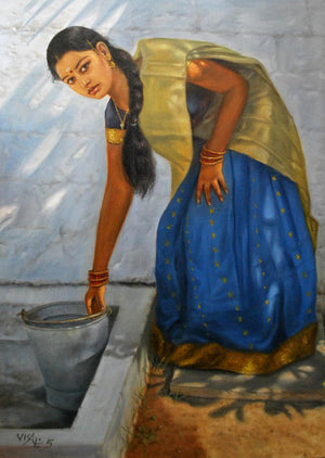 Girl Washing (Divine Melody II) by Vishalandra Dakur, Original Oil Figurative Painting on Canvas, Medium Vertical Wall Art