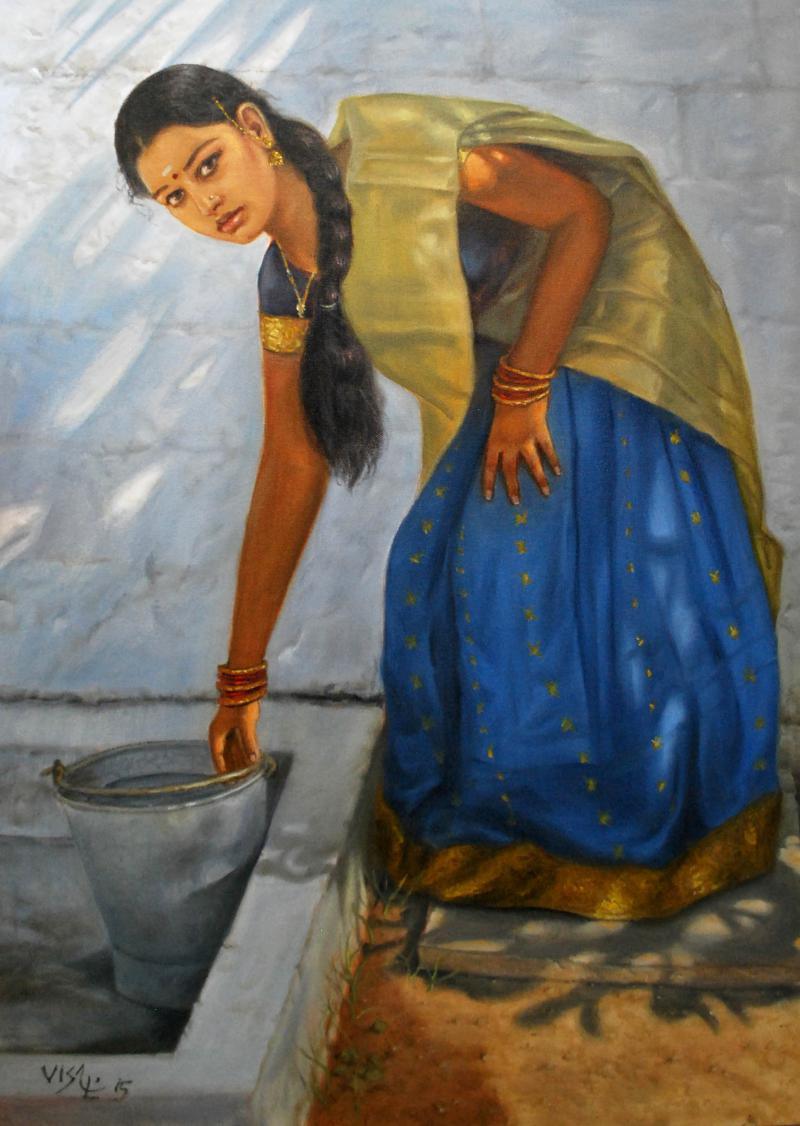 Figurative oil painting titled 'Girl Washing', 32x23 inches, by artist Vishalandra Dakur on Canvas