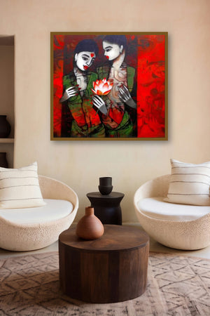 Girl With Flower (A Shared Bloom) by artist Mukesh Salvi displayed in a Modern gallery
