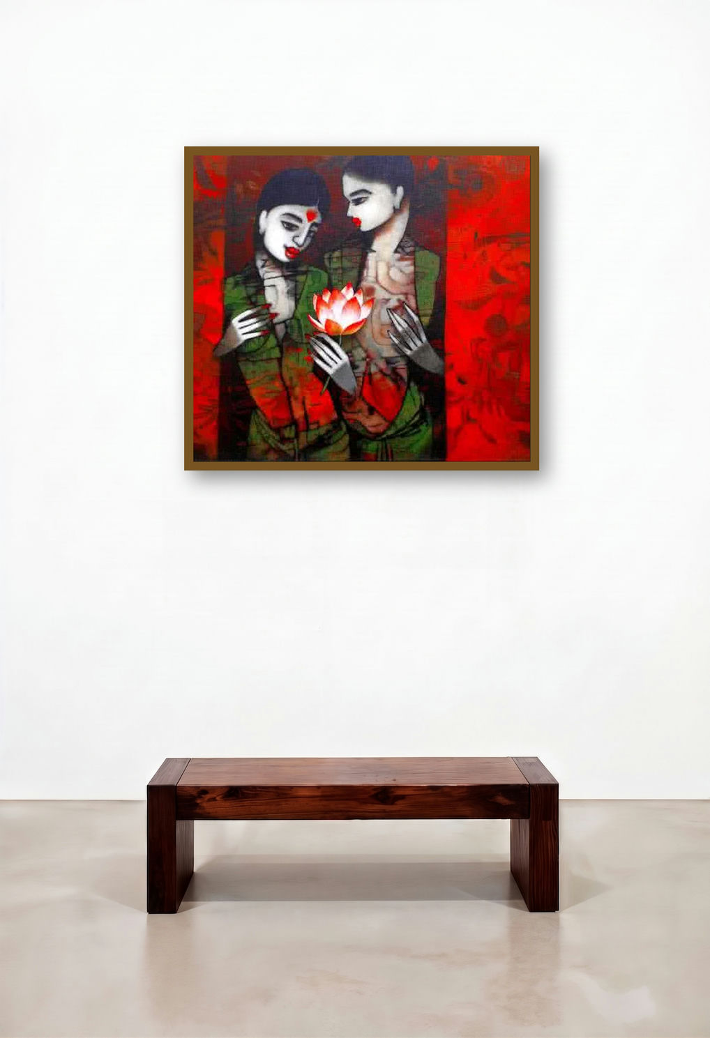 Girl With Flower (A Shared Bloom) by artist Mukesh Salvi displayed in a Urban Loft Dining Room