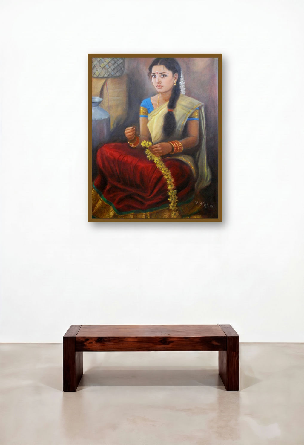Girl With Flowers (Contemplative Musician) by artist Vishalandra Dakur displayed in a Classic Foyer