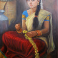 Figurative oil painting titled 'Girl With Flowers', 32x23 inches, by artist Vishalandra Dakur on Canvas