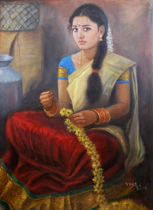 Girl With Flowers (Contemplative Musician) by Vishalandra Dakur, Original Oil Figurative Painting on Canvas, Medium Vertical Wall Art
