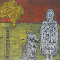Figurative printmaking titled 'Girl With Her Pet In A Landscape', 36x39 inches, by artist Durgaprasad Bandi on Wood cut