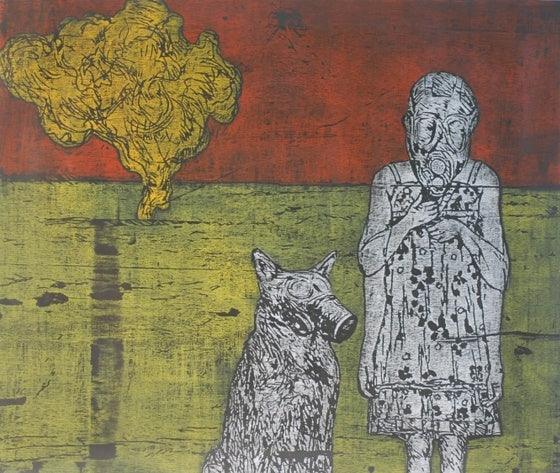 Girl With Her Pet In A Landscape Printmaking By Durgaprasad Bandi