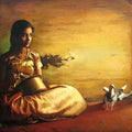 Figurative oil painting titled 'Girl With Pigeon II', 14x24 inches, by artist S  Elayaraja on Canvas