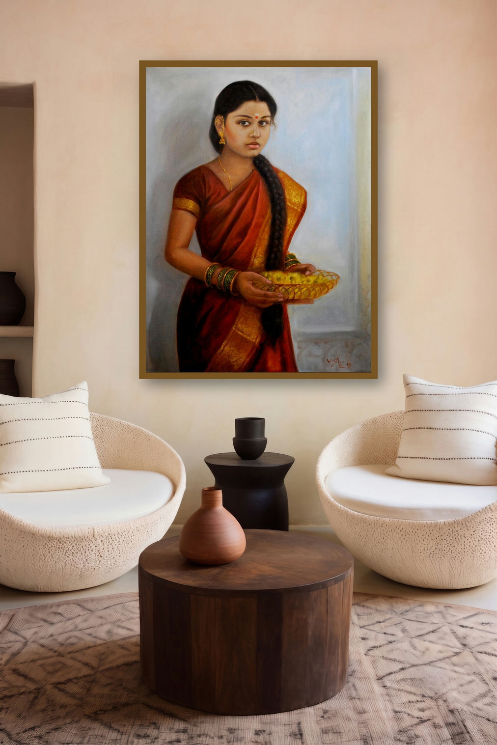 Girl With Pooja Flowers (Earthen Burden) by artist Vishalandra Dakur displayed in a Modern gallery