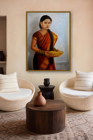 Girl With Pooja Flowers (Earthen Burden) by artist Vishalandra Dakur displayed in a Modern gallery