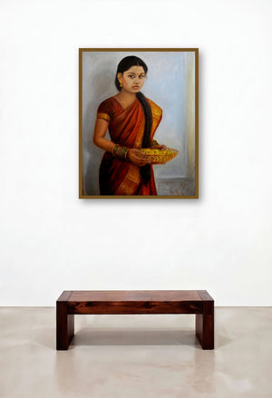 Girl With Pooja Flowers (Earthen Burden) by artist Vishalandra Dakur displayed in a Designer Home Office