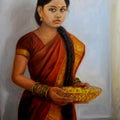 Figurative oil painting titled 'Girl With Pooja Flowers', 32x23 inches, by artist Vishalandra Dakur on Canvas
