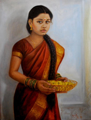 Girl With Pooja Flowers (Earthen Burden) by Vishalandra Dakur, Original Oil Figurative Painting on Canvas, Medium Vertical Wall Art