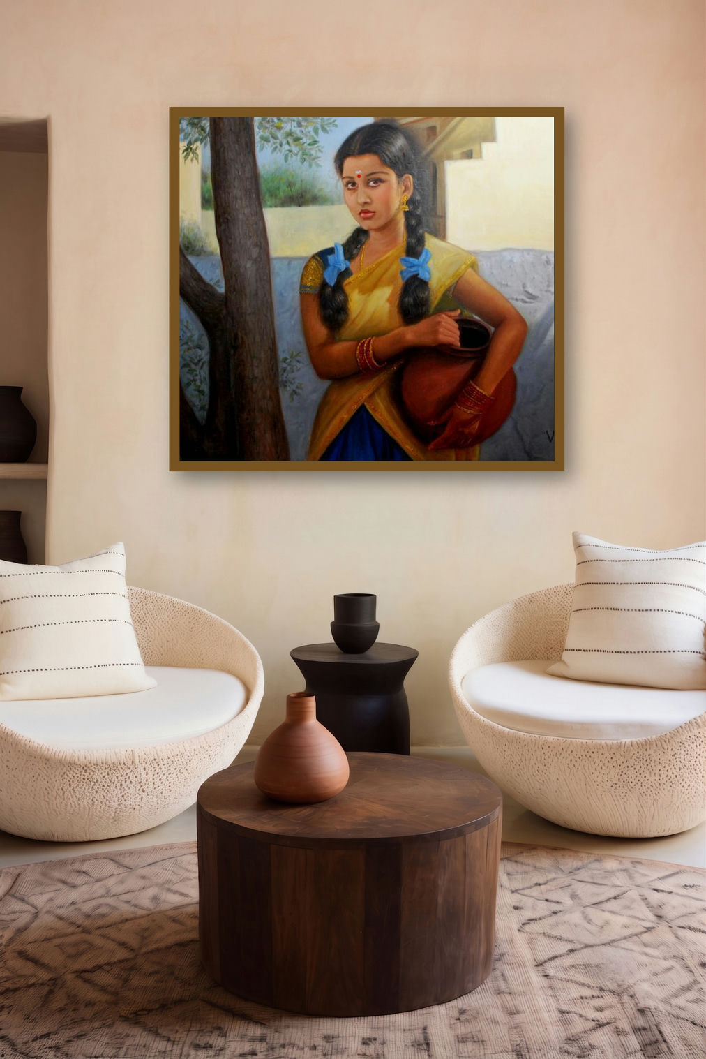 Girl With Pot Of Water (Lovers Swing) by artist Vishalandra Dakur displayed in a Contemporary gallery