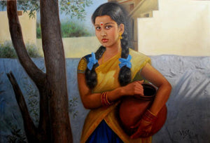 Girl With Pot Of Water (Lovers Swing) by Vishalandra Dakur, Original Oil Figurative Painting on Canvas, Large Horizontal Wall Art