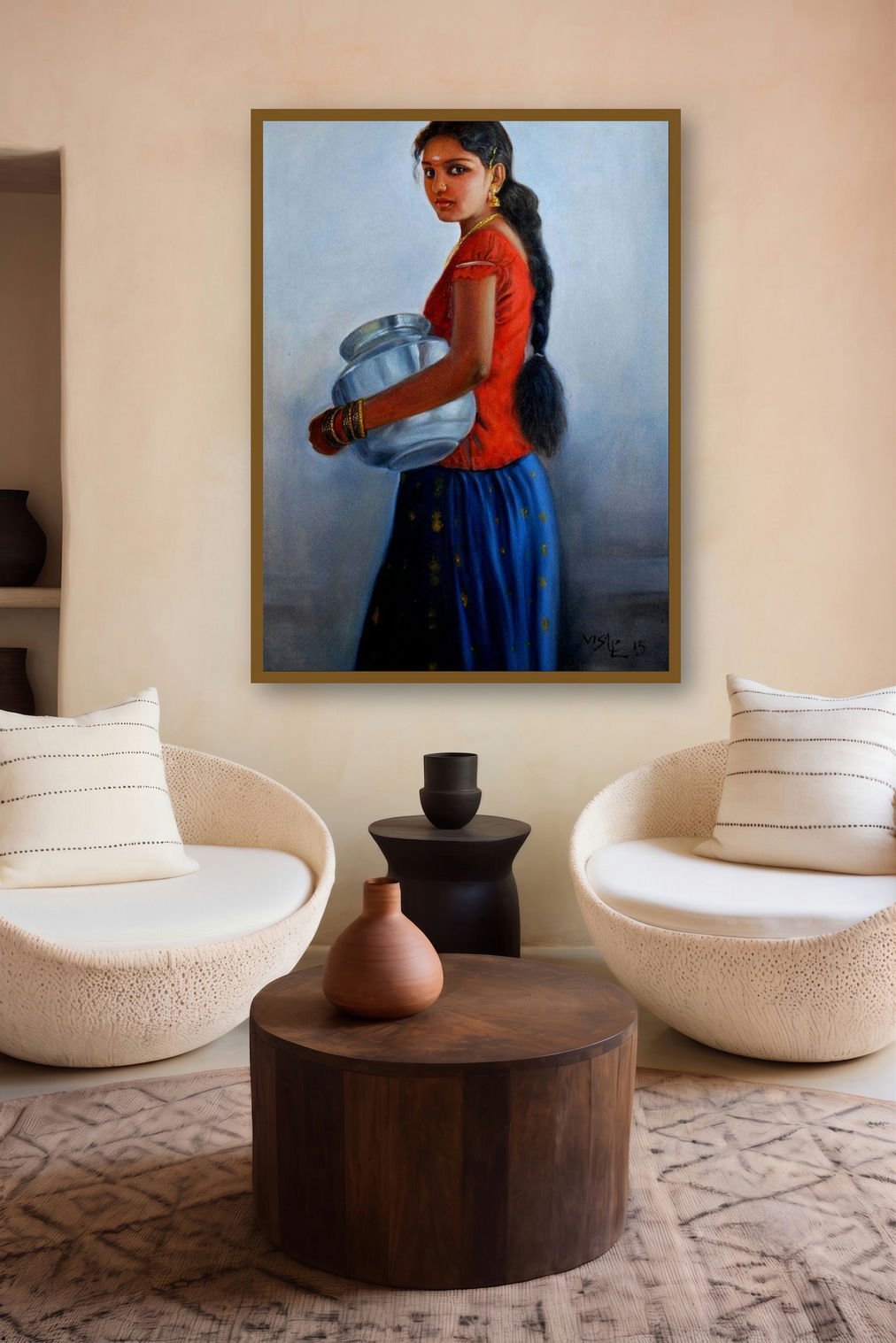 Girl With Steel Pot (Village Vessel) by artist Vishalandra Dakur displayed in a Indian Art gallery