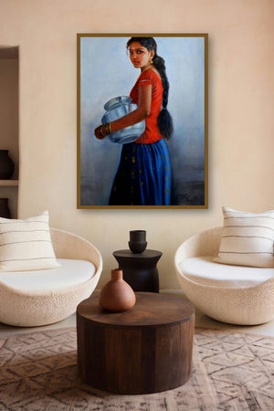 Girl With Steel Pot (Village Vessel) by artist Vishalandra Dakur displayed in a Indian Art gallery