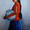 Figurative oil painting titled 'Girl With Steel Pot', 32x23 inches, by artist Vishalandra Dakur on Canvas