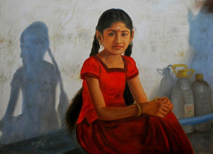 Girl With Two Braids (Triumphant Dance) by Vishalandra Dakur, Original Oil Figurative Painting on Canvas, Medium Horizontal Wall Art
