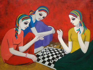 Girls (Contemplation of Innocence) by Anil Mahajan, Original Acrylic Figurative Painting on Canvas, Medium Horizontal Wall Art