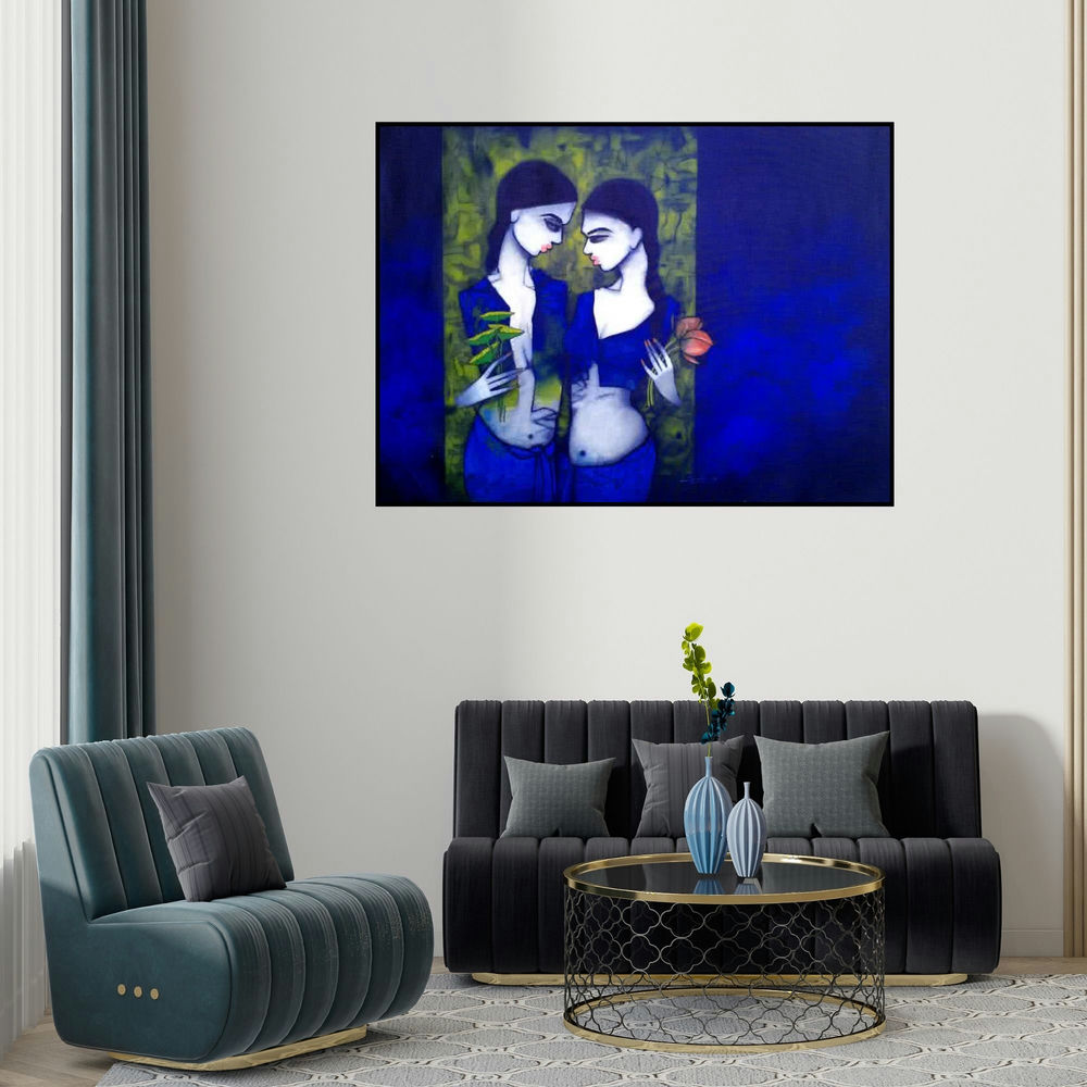 Mukesh Salvi's 'Girls In Blue' painting visualized above a sofa in a contemporary room.