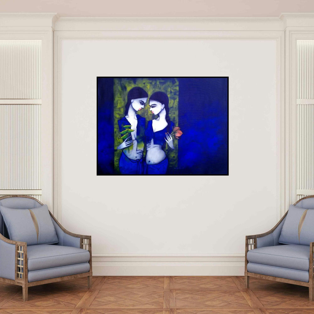 'Girls In Blue' painting by Mukesh Salvi shown on a wall in a furnished room.
