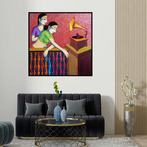 Pravin Utge's 'Girls Playing Gramophone (A Melody of the Past)' painting visualized above a sofa in a contemporary room.
