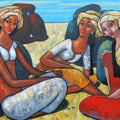 Figurative acrylic painting titled 'Girls Playing Marbles 2', 40x60 inches, by artist Suruchi Jamkar on Canvas
