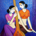 Figurative acrylic painting titled 'Girls Playing Sitar', 40x30 inches, by artist Pravin Utge on Canvas