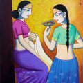 Figurative acrylic painting titled 'Girls With Flower', 40x30 inches, by artist Pravin Utge on Canvas