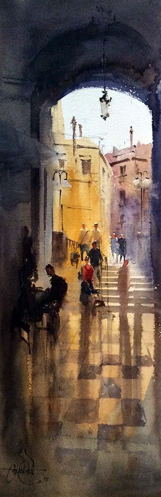 Landscape watercolor painting titled 'Girona cafe Spain', 10x22 inches, by artist Vikrant Shitole on Paper