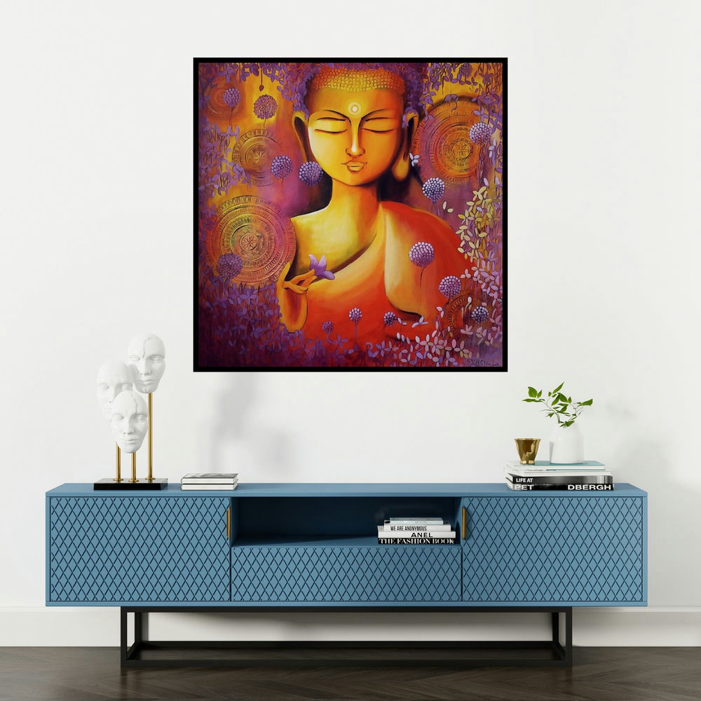 'Glimpse Of Buddhas Enlightenment' painting by Nitu Chhajer shown on a wall in a furnished room.