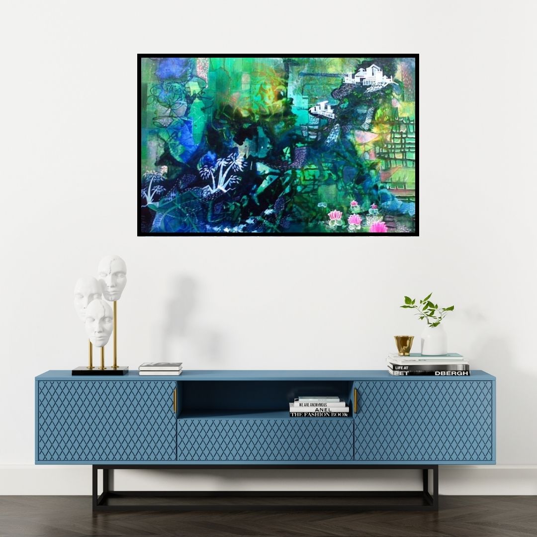 Preview of 'Glorious Greens' Painting by Shuchi Khanna shown on a wall in a furnished room.