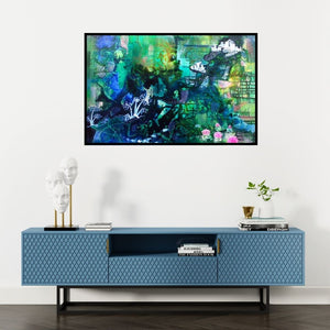 Preview of 'Glorious Greens' Painting by Shuchi Khanna shown on a wall in a furnished room.