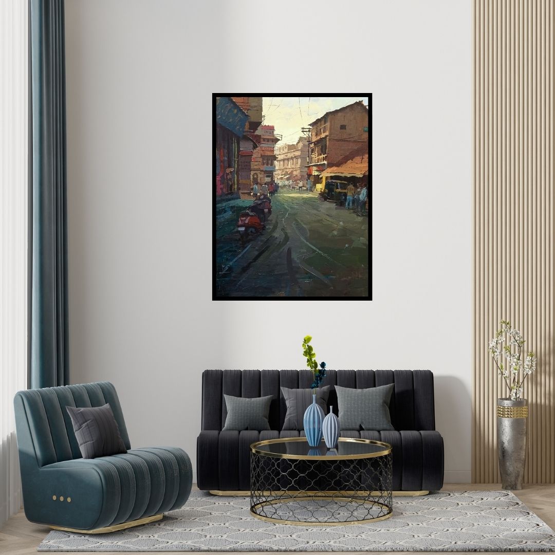 Preview of 'Glory Of Light (Urban Hustle)' Painting by Suresh Jangid shown on a wall in a furnished room.