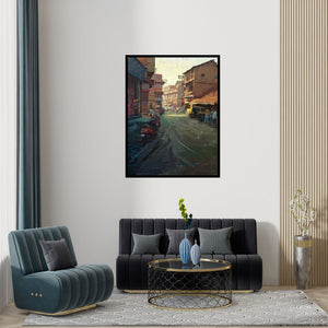 Preview of 'Glory Of Light (Urban Hustle)' Painting by Suresh Jangid shown on a wall in a furnished room.