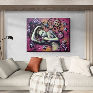 Preview of 'Glow' Painting by Prashanta Nayak shown on a wall in a furnished room.