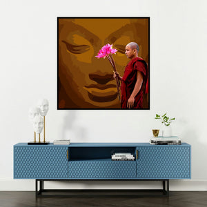 'Gnosis 1 (Buddha with Flowers)' painting by Umakant Tawde shown on a wall in a furnished room.