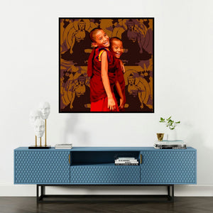 'Gnosis 11 (Village Life)' painting by Umakant Tawde shown on a wall in a furnished room.