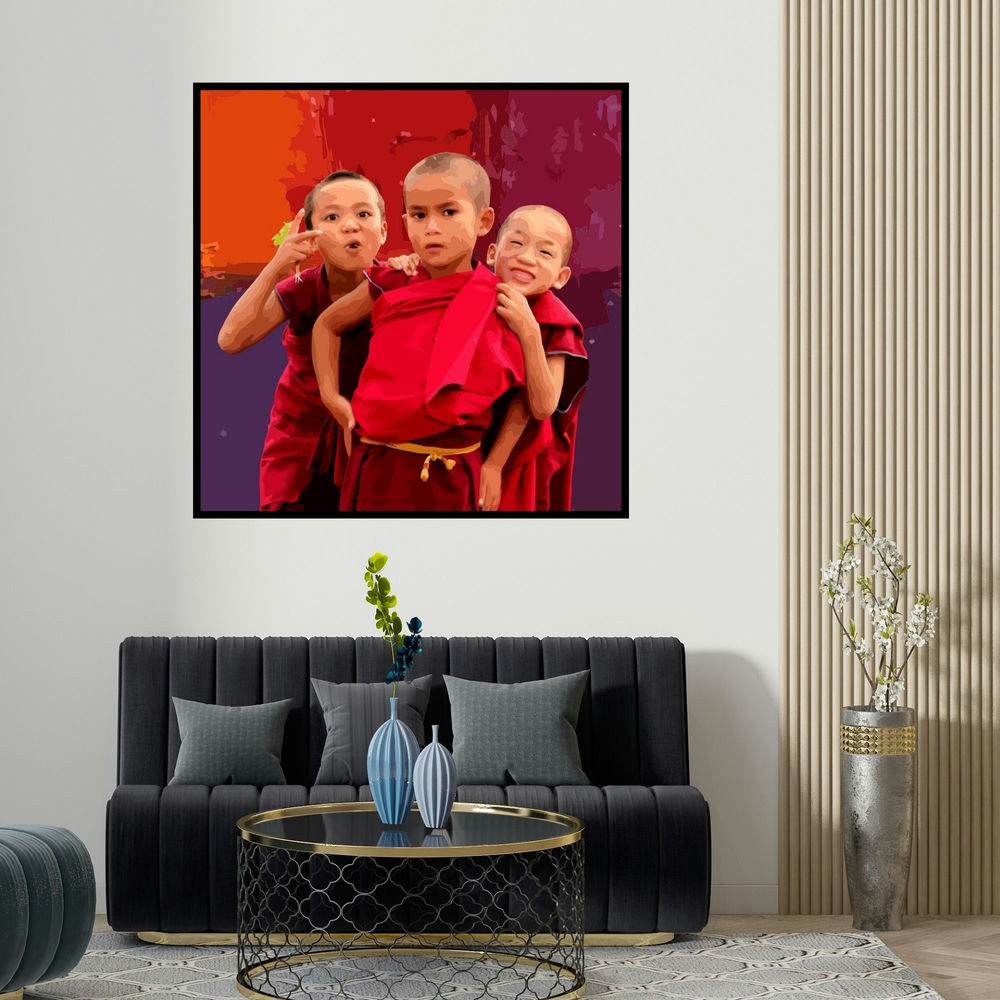 Umakant Tawde's 'Gnosis 14 (Three Playful Monk Kids)' painting visualized above a sofa in a contemporary room.