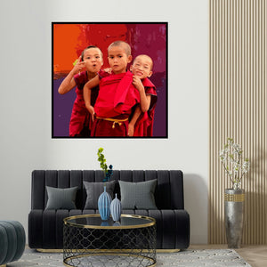 Umakant Tawde's 'Gnosis 14 (Three Playful Monk Kids)' painting visualized above a sofa in a contemporary room.