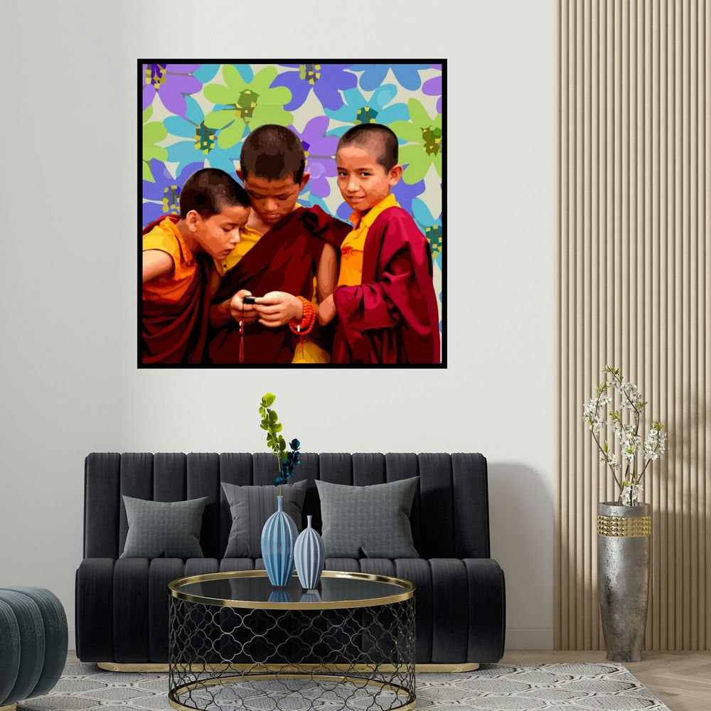 Umakant Tawde's 'Gnosis 15' painting visualized above a sofa in a contemporary room.